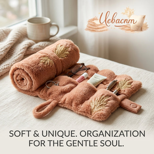 Uebacnm™ Aesthetic Plush Roll-Up Organizer – Soft Faux Fur Travel Case for Makeup, Stationery & Daily Essentials