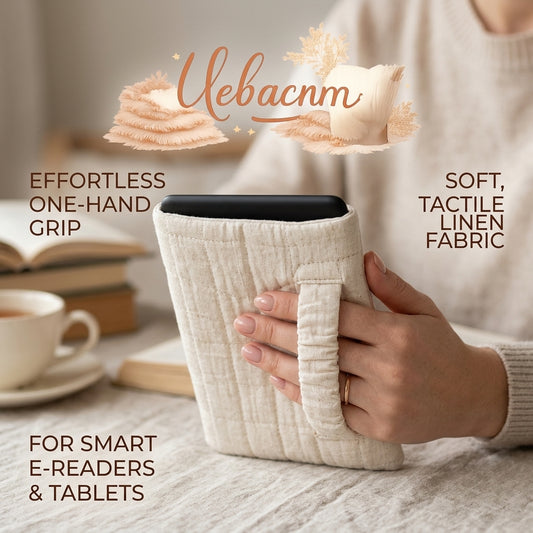 Uebacnm™ Quilted E-Reader Sleeve with Hand Strap – Soft Linen-Touch Protective Case for Kindle, Kobo & Tablets – Ergonomic One-Handed Grip Holder