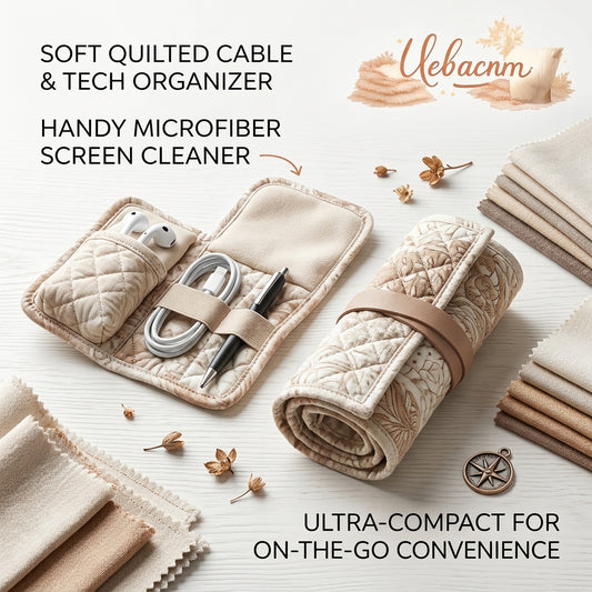 Uebacnm™ Quilted Tech Organizer Roll – Aesthetic Compact Travel Pouch for Cables, Earbuds, Pen & Accessories – Minimalist Storage with Built-in Microfiber Screen Cleaner