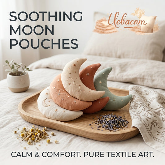 Uebacnm™ Soothing Moon Pouches – Hand-Embroidered Sensory Sachets for Nursery Decor, Bedtime Calm & Mindful Spaces, Set of 4, Boho Earthy Tones